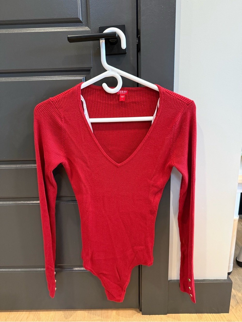 GUESS Red Ribbed V-Neck Long-Sleeve Bodysuit with Snap Closure